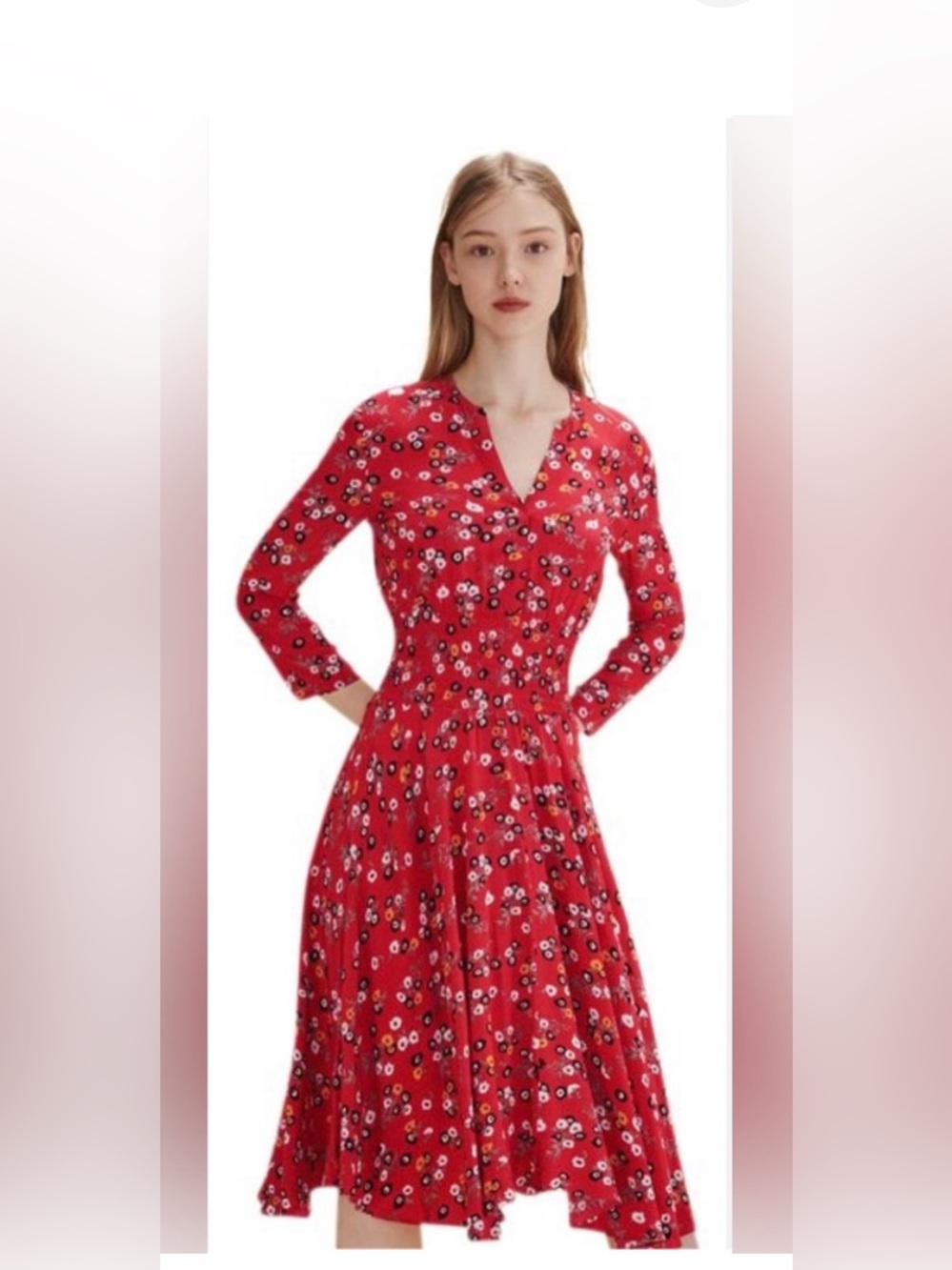 Maje Red Floral Long-Sleeve Midi Dress